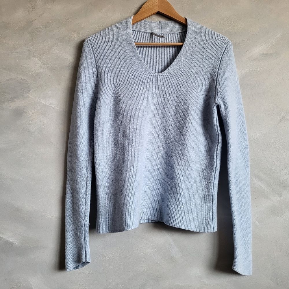 Hubert Gasser V-Neck Rib Pullover Meriono Wool Icy Blue Sweater Jumper L